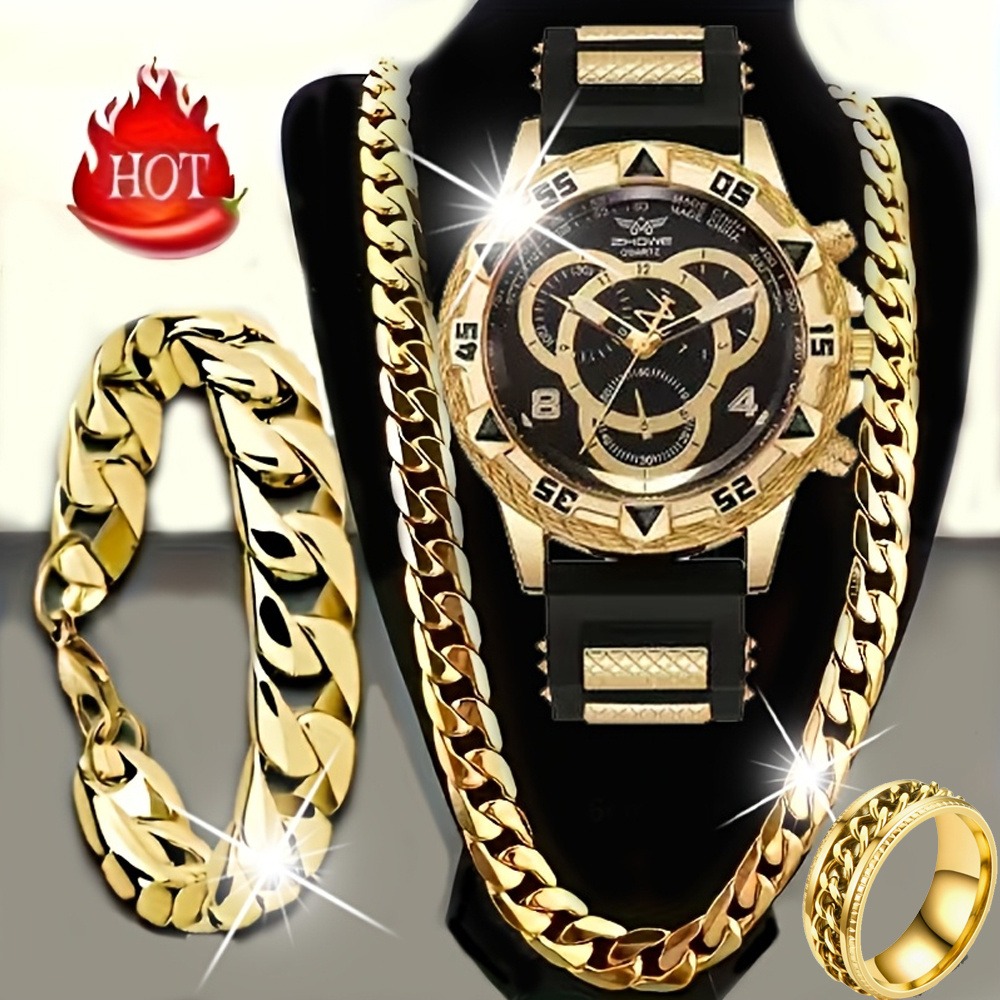 Jewelry Type Watches - 4-delige luxe herenhorloge- en sieradenset, inclusief