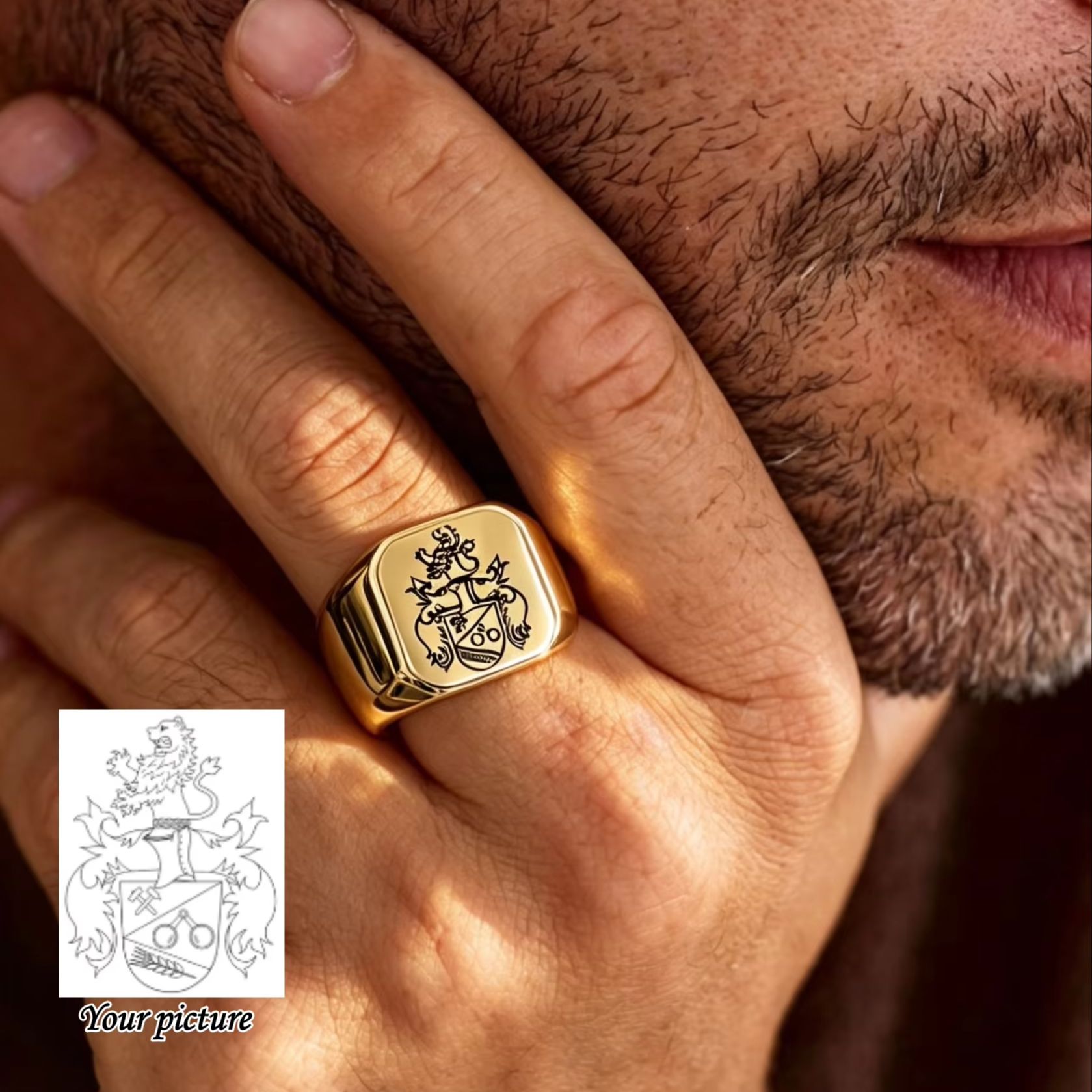 Mens Signet Ring - Gepersonaliseerde familiewapen zegelring voor mannen, gepersonaliseerde